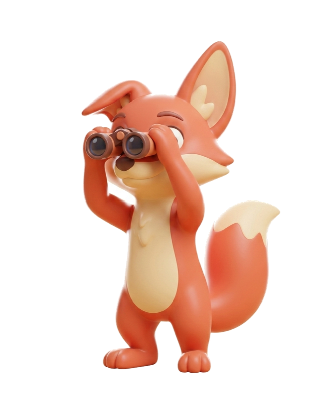 Kip, the Kercel fox mascot, holding binoculars and scanning for signals