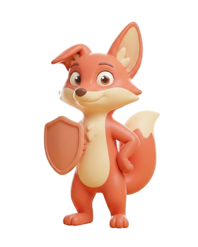 Kip, the Kercel fox mascot, holding a small shield
