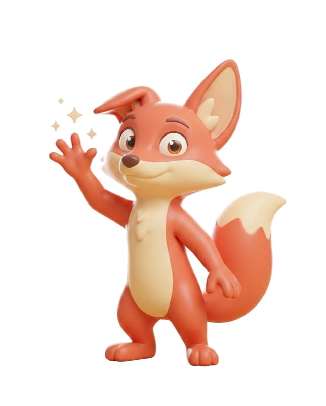Kip, the Kercel fox mascot, standing with a burst of sparkle