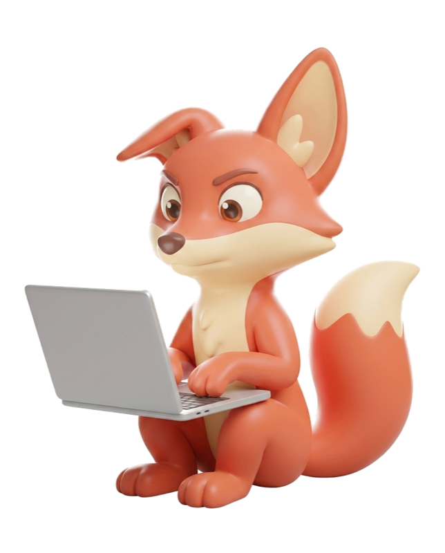 Kip, the Kercel fox mascot, sitting at a laptop typing
